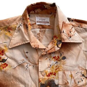 Vintage 70s Disco Shirt Rococo Polyester Romantic Floral MGM Medium Big Collar